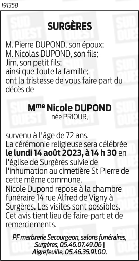 DUPOND Nicole, Pierrette, Françoise Née PRIOUR